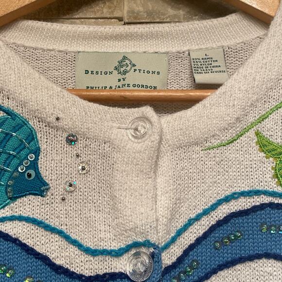 Vintage Design Options L Fish Sequin Cardigan | Rare Coastal Grandma Cottagecore - Picture 12 of 13